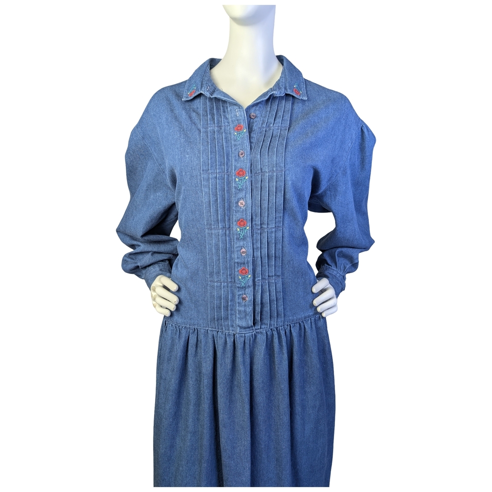 Vintage 90s Eddie Bauer Denim Prairie Dress Embroidered Florals | Fits M/L - Picture 2 of 11